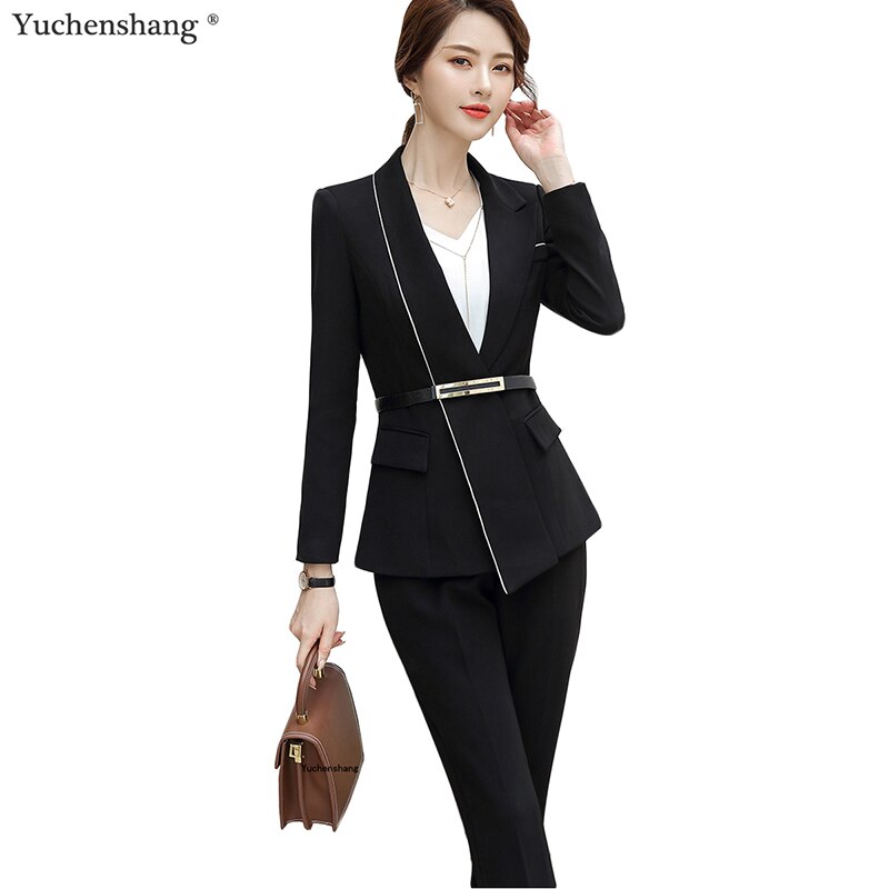 Pantalones blancos negros para mujer traje de invierno S-5XL estilo chino de para hotel avión trabajo mujer traje blazer y conjunto de pantalones: Black Pant Suits / M