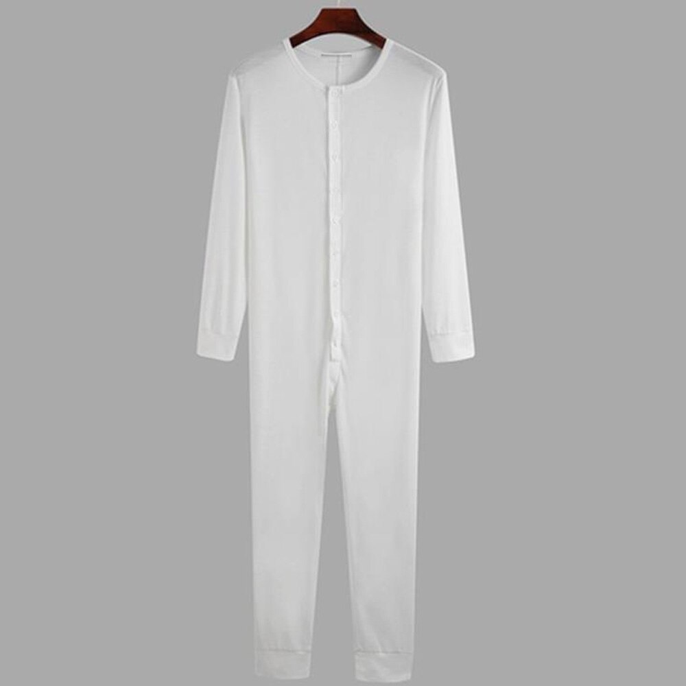 Adult Men Pajama Jumpsuit Overalls Homewear Playsuit Long Sleeve Comfortable Button Leisure Sleepwear Rompers Men Nightwear: White Pajamas / M