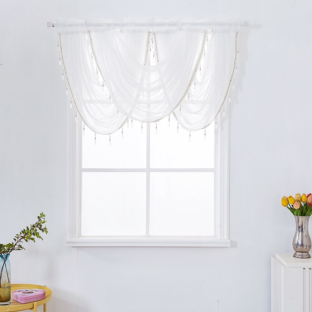 Vattenfall valance gardiner silver siden linje lyx pärlstav gardin valance rena fönster gardiner för kök vardagsrum: 145 x 94cm