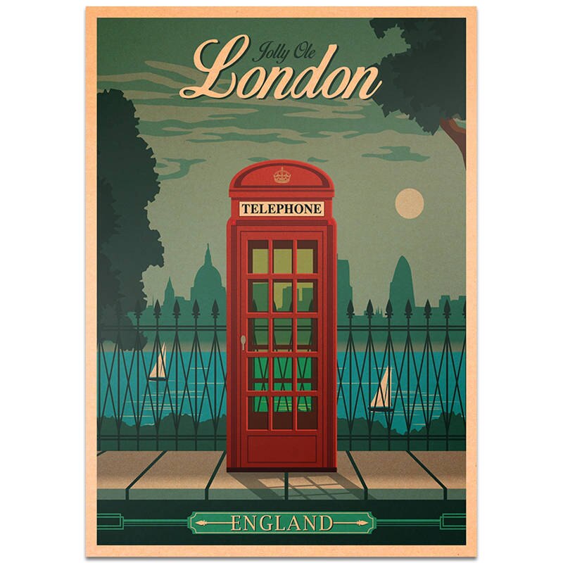 London city rejseplakat håndmalet turistattraktioner vintage kraftpapir pub cafe soveværelse boligindretning wallsticker 42 x 30cm: Tcity 148