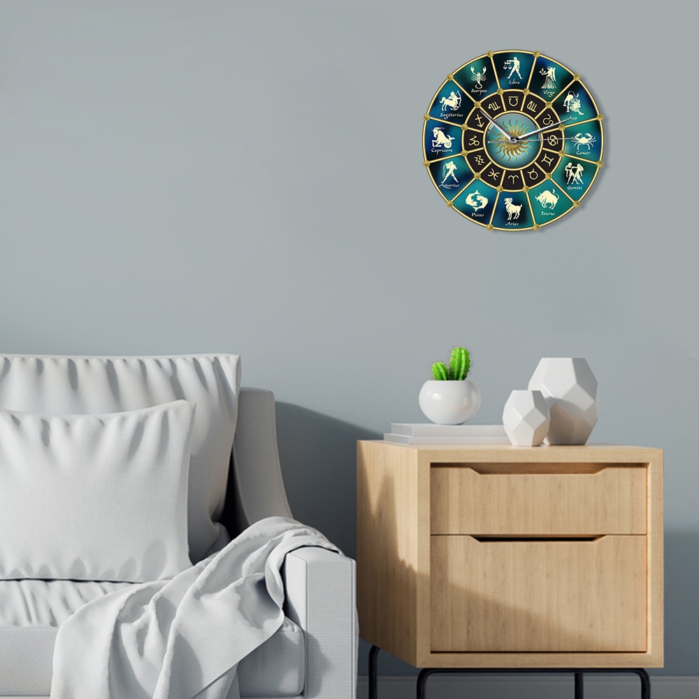 Signs of Zodiac Acrylic Mute Gold Blue Horoscope Circle with Wall Clock Constellation Astrology Symbol Home Decor Wall Watch