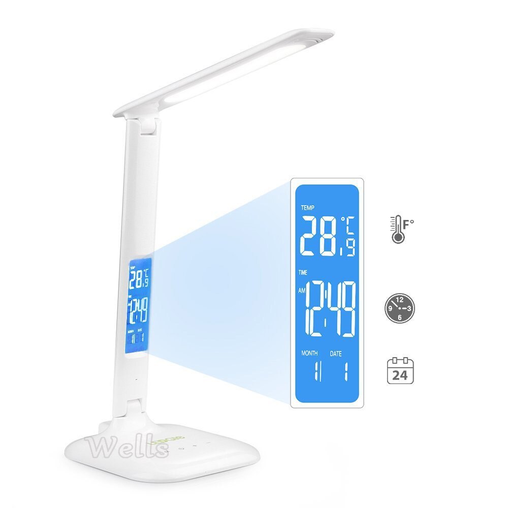 Led Tafellamp Met Led Display Bureaulamp Draagbare Led Leeslamp Met Kalender Klok Flexibele Moderne Kantoor Lamp Dimbare