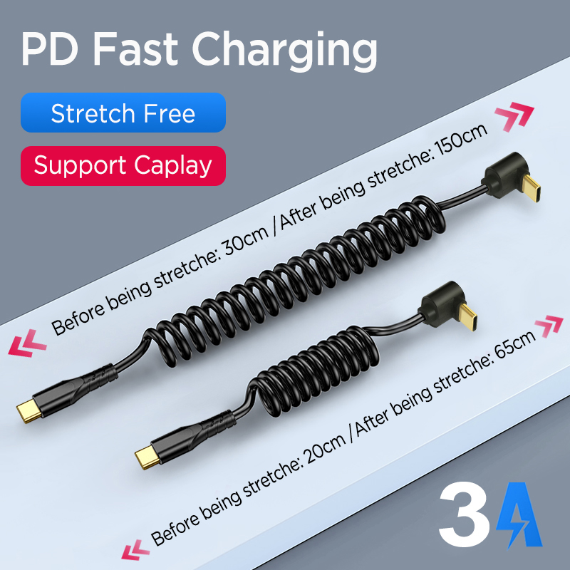90 Degree Right Angle USB C Male to USB C Male Coiled Cable Type-C 60W Fast Charging and Data Transfer Spring Date Cable
