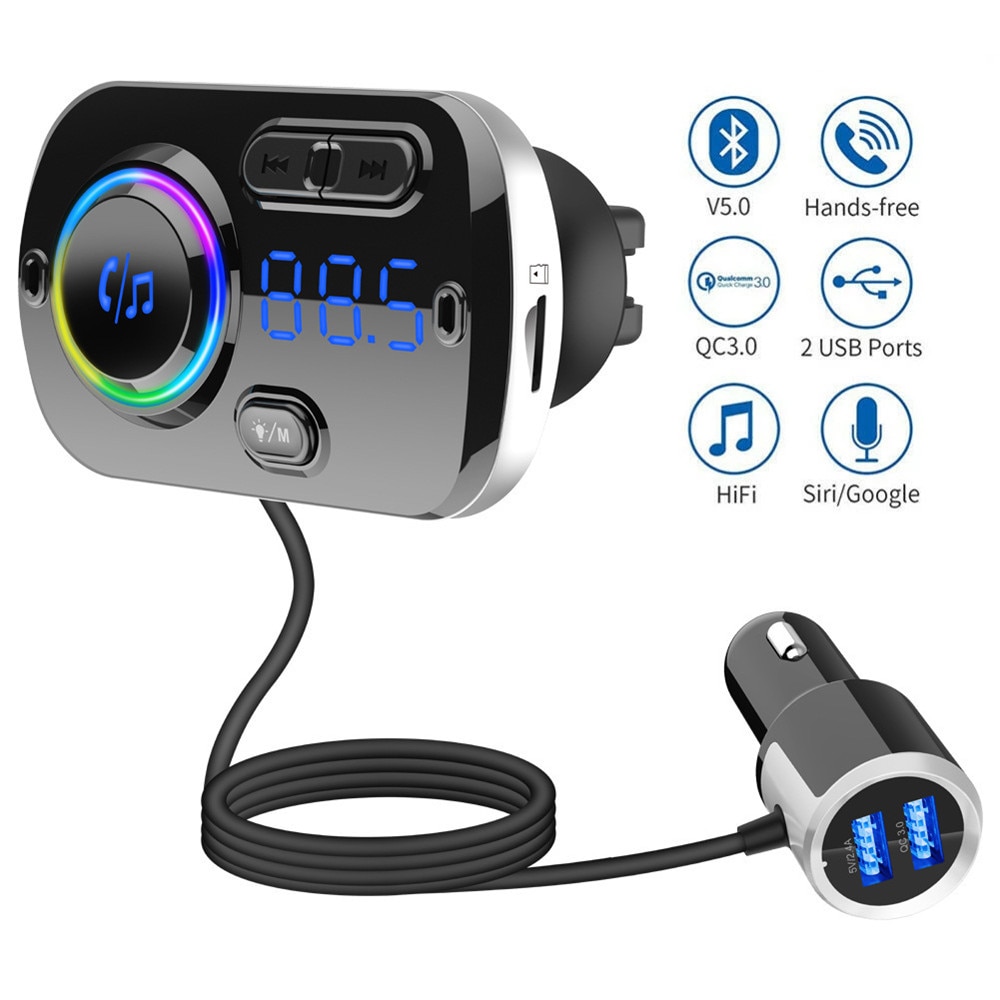 Bluetooth 5.0 trasmettitore FM Kit per auto USB QC3.0 vivavoce autoradio potenza lettore mp3 luci colorate atmosfera supporto TF Card