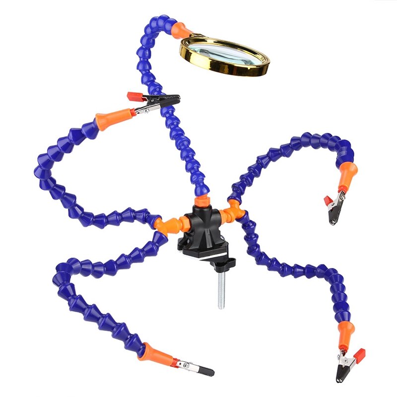 Flexibele helpende handen derde hand soldeerhulp soldeerstation gereedschap 6 flexibele helpende armen vergrootglas anti-slip aluminium voet draaibare clips voor lasserende sieradenfabrikanten ambachtslieden
