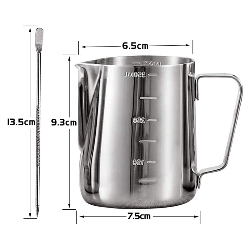 Stainless Steel Milk Frothing Pitcher, Measurements on Both Sides Inside, Milk Jug Cup with Decorating Pen