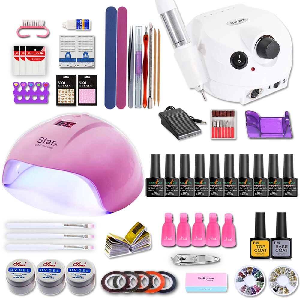 Nagelset för manikyr kit gel nagellack set med 35000/20000 rpm nagelborrmaskin 84/54w nagellampa nail art verktyg: 24w 10 färger set 6