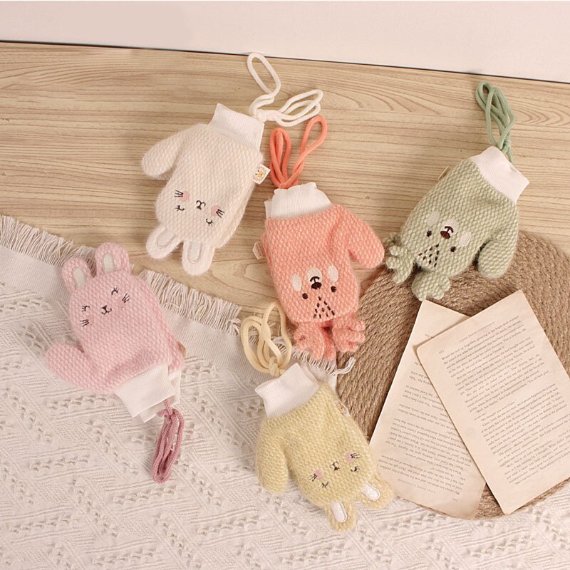 Girl Gloves Korean-Style Cartoon Bear Rabbit Children's Knitted Winter Warm Baby Halter Knitting Wool Gloves 2-6T