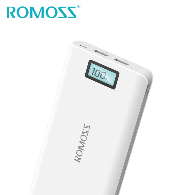 Romoss power bank 20000 mah sense 6 plus 18650 eksternt batteri backup power 2 usb output telefon oplader