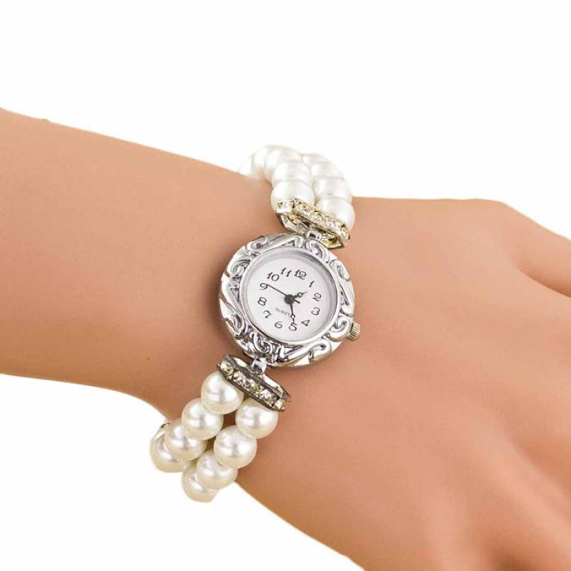 Newly Women Girl's Brand Pearl Beads Quartz Bracelet Watch Gofuly woman watch: White