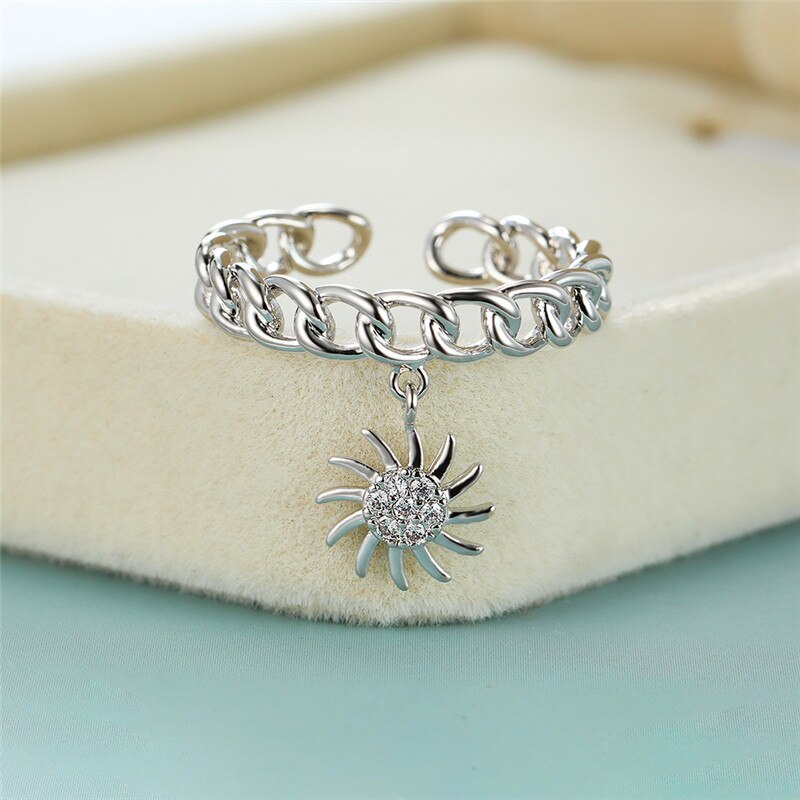 Trouwring Dames - Kristal Zonnebloem Hanger - Geometrisch - 4mm Band - Verlovingsring