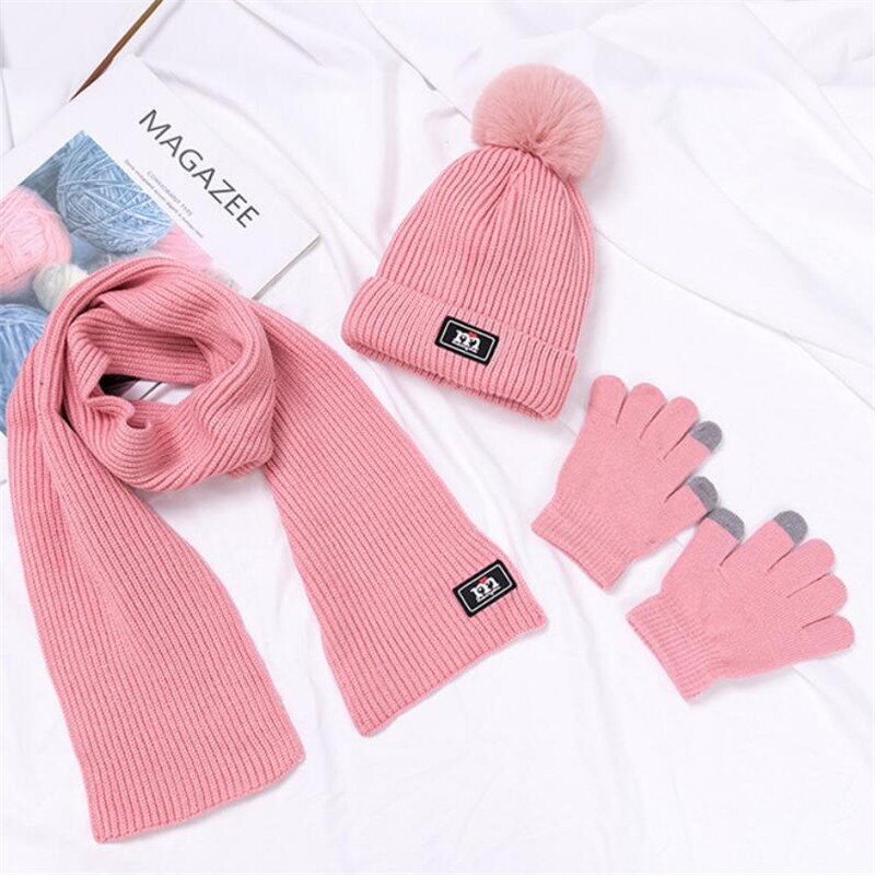 Barn vinter varm lue og skjerf votter babyen strikket lue 3 stk sett gutt jenter pom pom lue skjerf passer solide 0-2 alders år: Rosa
