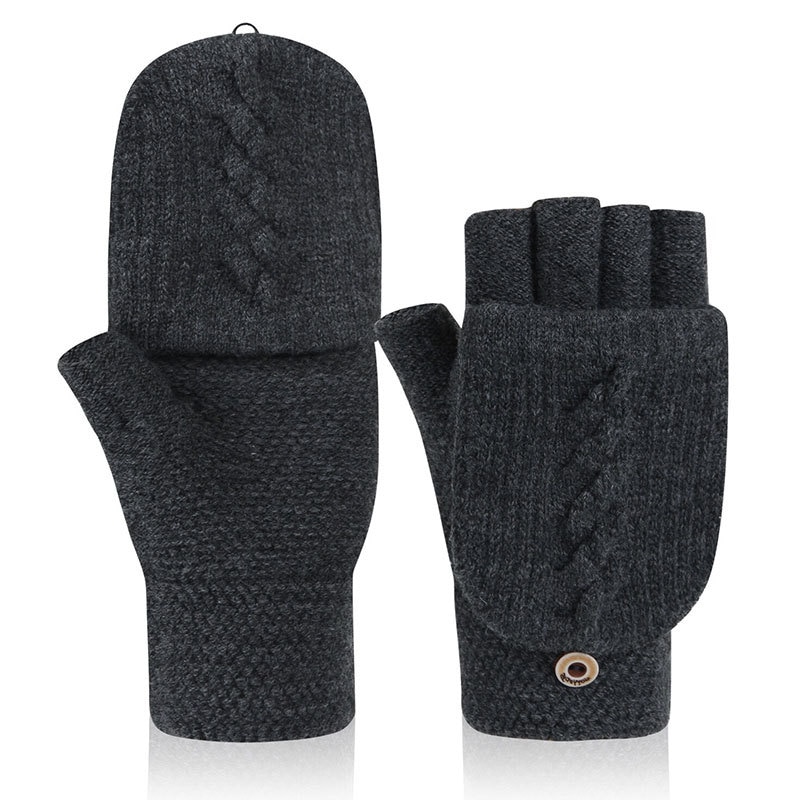 Vinter mænds jacquard fingerfri flap uld strikkede handsker sport fitness elastisk berøringsskærm tykkere varm kørsel mittnes  l42l: Sort