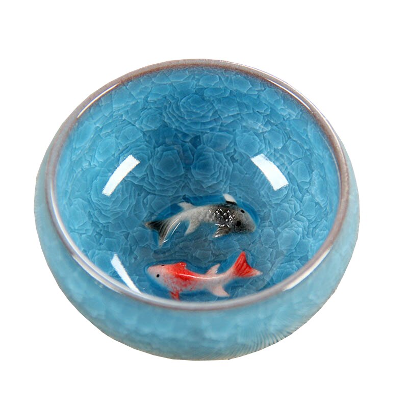 Novedad 3D de pescado doble China té Copa grande Crackle esmalte de tazón de té Kung Fu té taza SetChinese de porcelana taza de té conjuntos