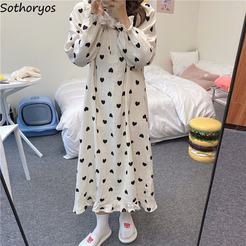 Hart Gedrukt Nachthemden Vrouwen Losse Gezellige Ruches Zoete Lange Mouw Trendy Mooie Tieners Vrouwtjes Sleepshirts Ins Lounge Chic