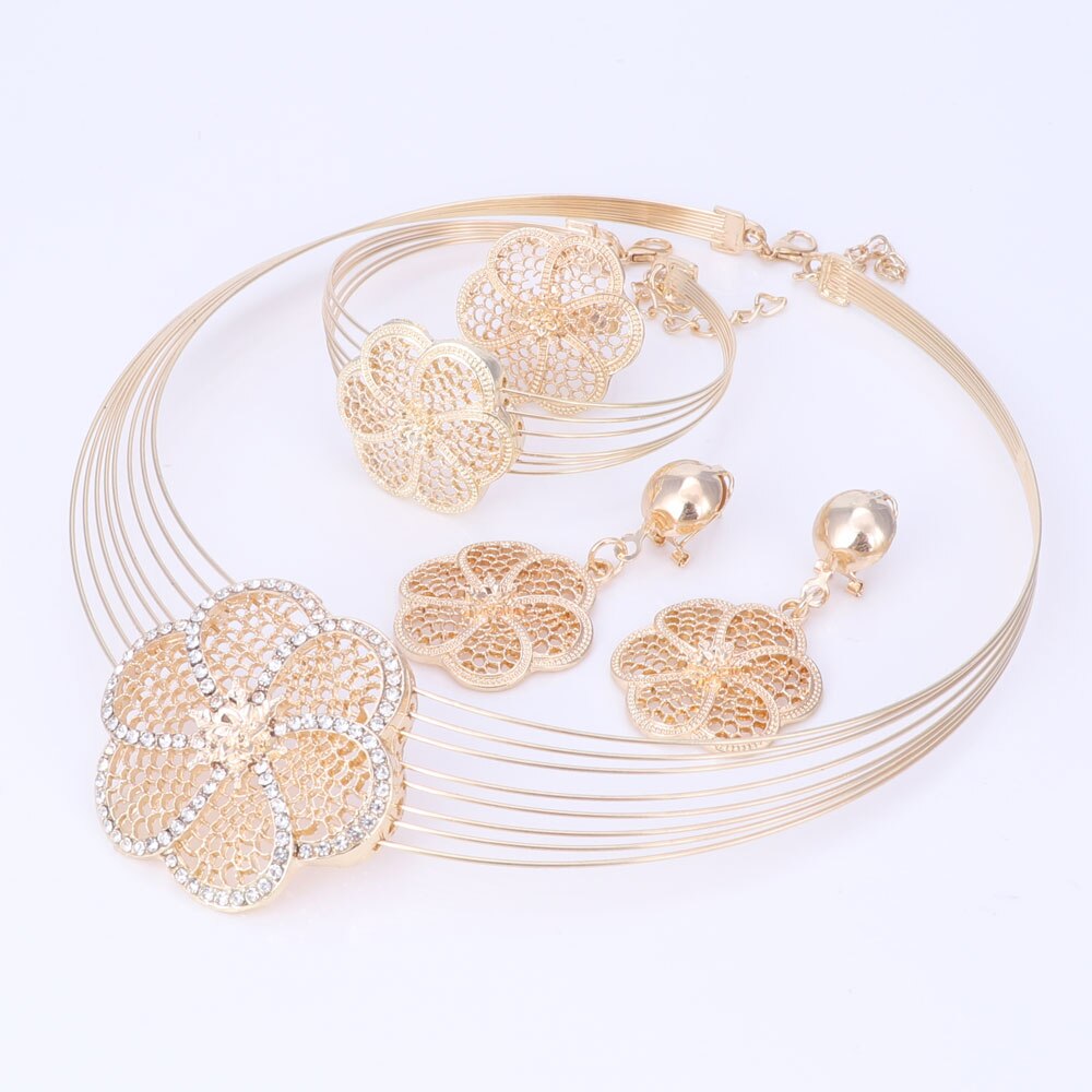 Dubai guldfarve smykker sæt nigerianske bryllup afrikanske perler krystal halskæde øreringe armbånd ring blomst vedhæng smykker sæt: Guld