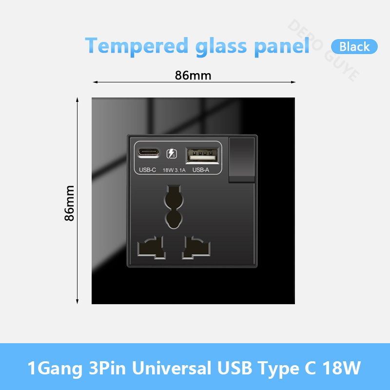 Universal Wall Socket 18W Type-C Fast Charging Plug Outlet,Glass Double 3-Pin Power Socket with DC 5V 3.1A Type-c USB Charger