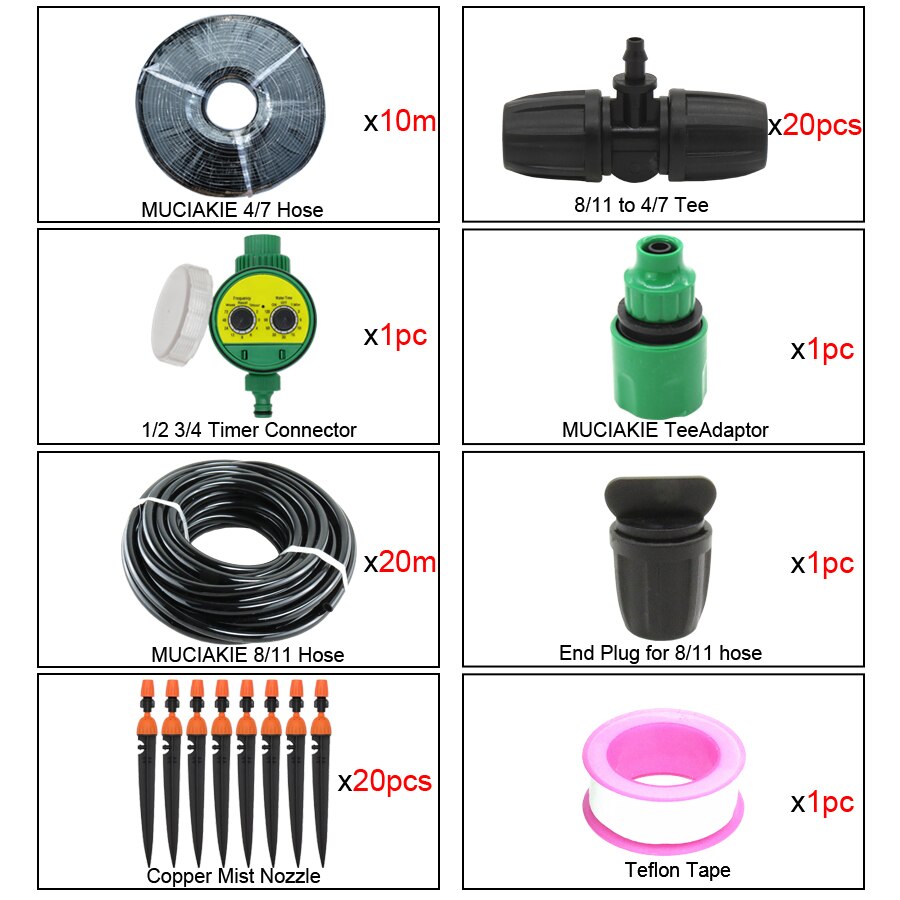 Muciakie 30m 8/11mm 4/7mm slang micro water irrigatiesysteem tuin timer spray zelf water gevende kits met verstelbare druppelaar