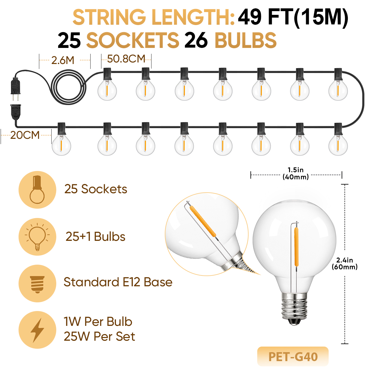 Guirnalda de luces G40 inastillable, 220V, 110V, cadena de luces Led E12, impermeable, conexión al aire libre, patio, porche, balcón, decoración de: Rojo / Enchufe estadounidense