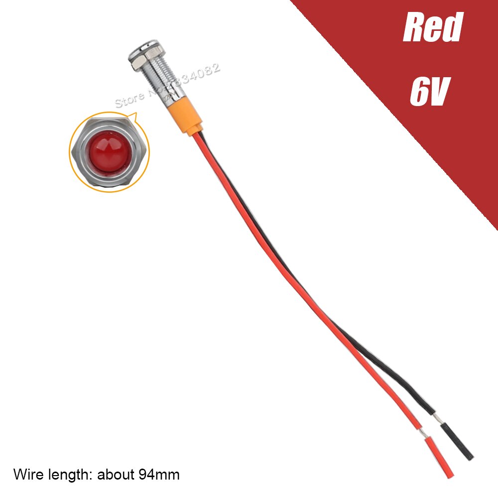 6mm Metal Indicator light LED Signal Lamp Warning light with Wire 6V 12V 24V 220V 110V Red yellow green blue white Waterproof: 6V Red