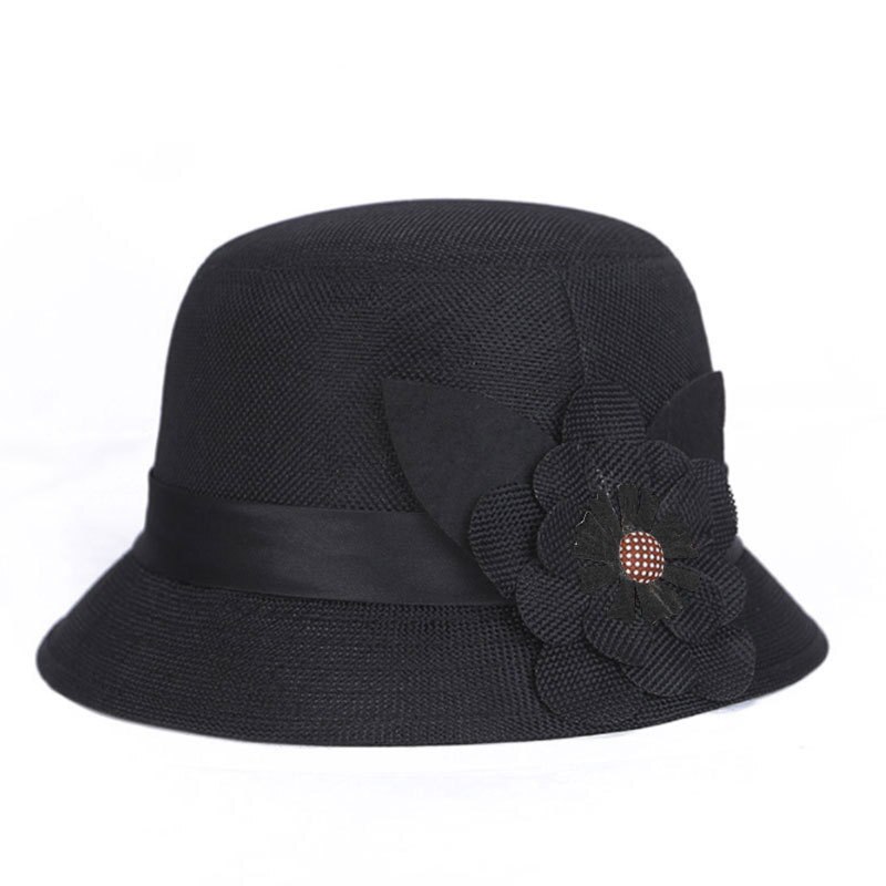 Sombrero de Sol de lino transpirable para mujer, gorro de princesa con decoración de flores grandes, Top plano monocromático a la , primavera y otoño: Negro