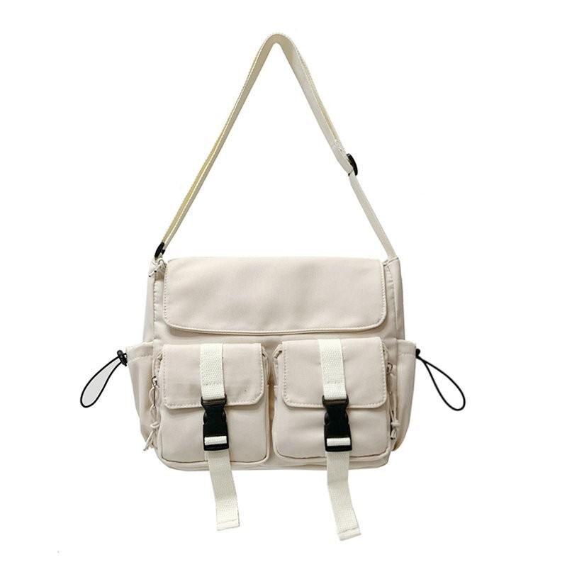 Sac à bandoulière en toile Harajuku pour femmes, sacoche d'école à la Simple pour filles, sac de grande capacité pour écolières: Beige