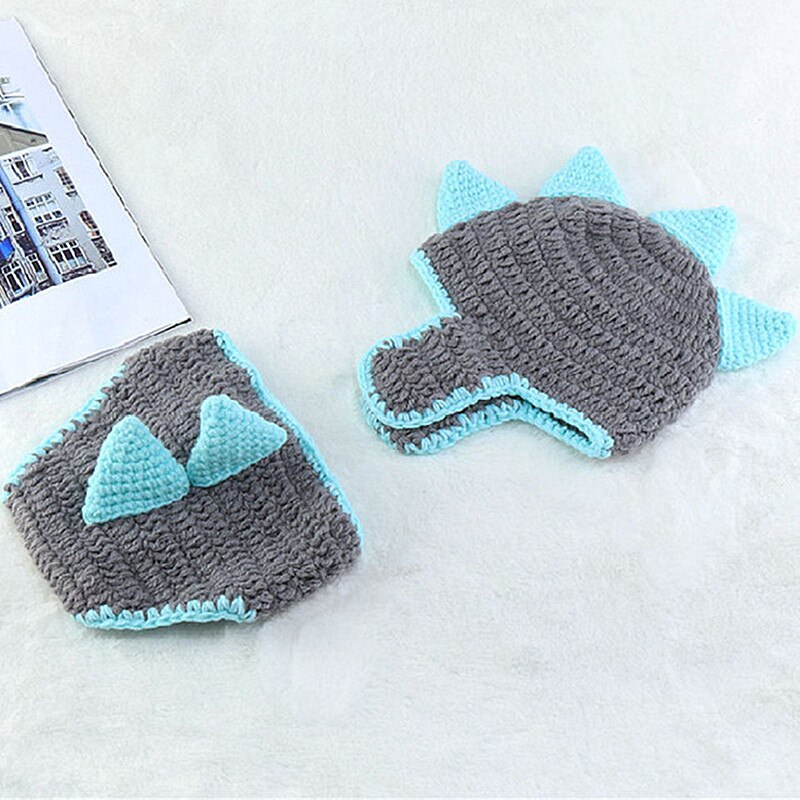 2 uds recién nacido atrezos para fotografía de bebés dinosaurio sombrero tejido al Crochet pantalones cortos bebé hecho a mano niño conjuntos: Azul