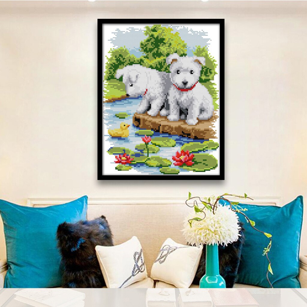 Stamped Cross Stitch Kits Puppy Dogs Chart Needlework For Adults Kids