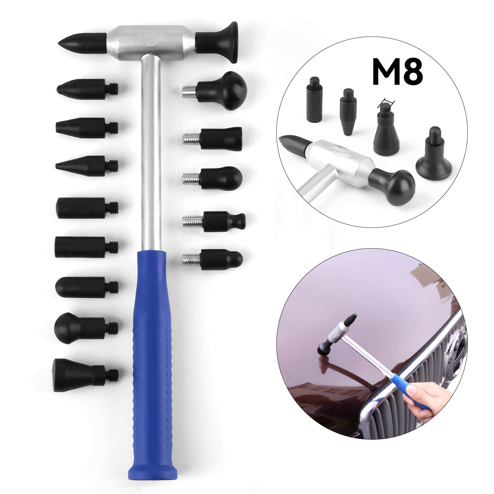 Herramienta de grifo PDR, martillo de reparación de abolladuras de aluminio kits de reparación de abolladuras sin pintura con martillo de cabeza de repuesto M8 de 6/15 Uds.