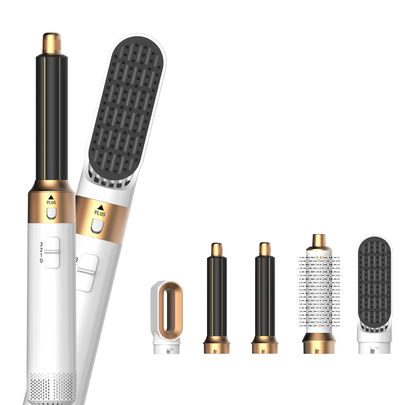 Multifunktionaler 5-in-1-Heißluft-Haarbürstentrockner, Glätteisen und Lockenwickler, tragbarer Ionen-Styler für Höhle Heim- und Reisegebrauch: Gold / uns-Stecker