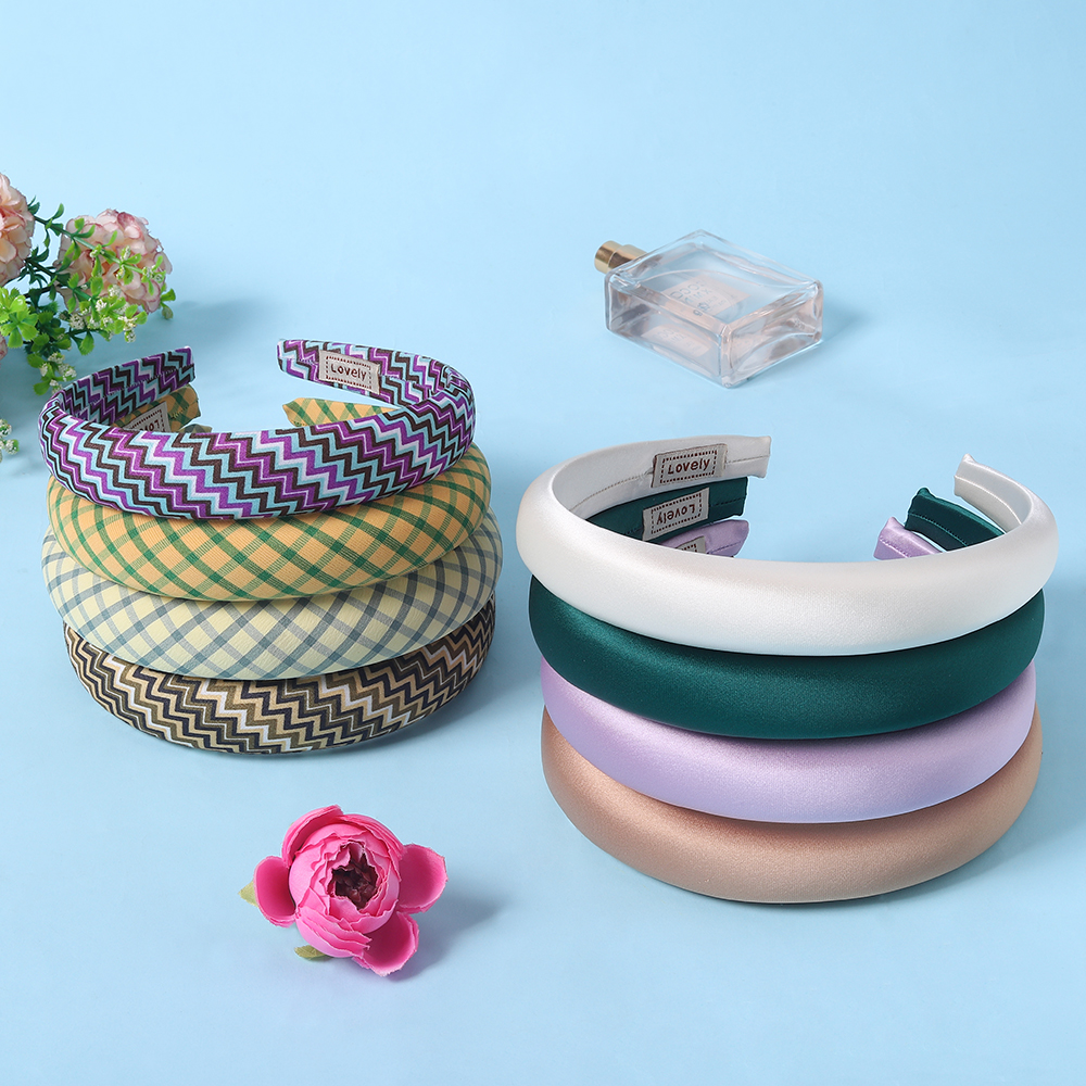 2.5cm Solid Color Plaid Hairband Wide Edge Satin Plaid Sponge Elastic Hair Bands for Women Bandeau Cheveux