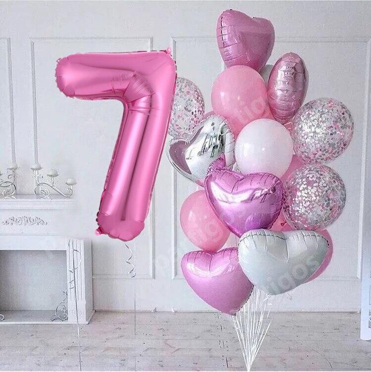 15pcs/lot girl Birthday Balloons with 30inch pink Number baloon 3/3rd Birthday Party Decor Kids anniversaire 9/1/3 years old: number7 set