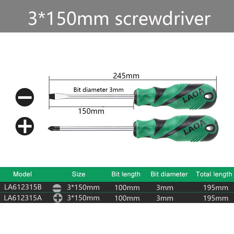 Laoa  s2 skruetrækkersæt med slids og stjerneskruetrækkere med magnetisk håndværktøj: 3 x 150mm 2 stk
