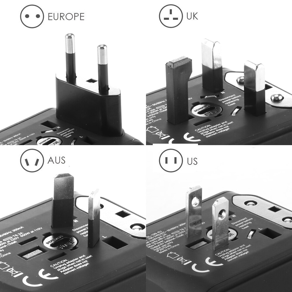 Plug adapter rejse adapter universel strømadapter oplader til os dk væg elektriske stik sockets converter 4 del usb oplader