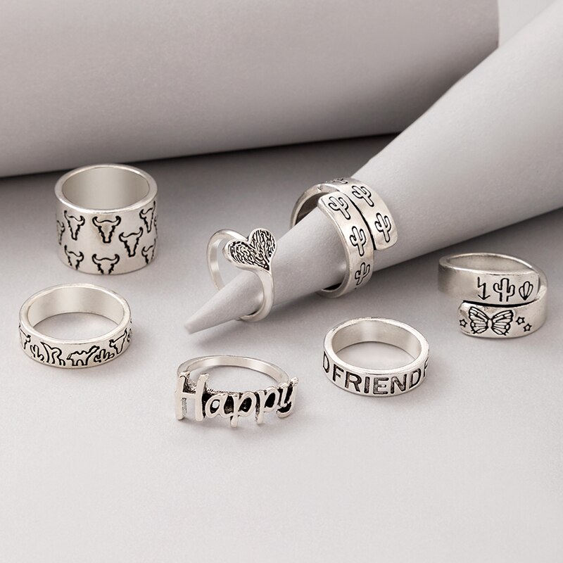 Docona 7 Stks/set Vintage Bull Hoorn Vlinder Ringen Voor Vrouwen Cactus Hart Brief Gelukkig Geometrie Ring Set Sieraden Anillos 20891