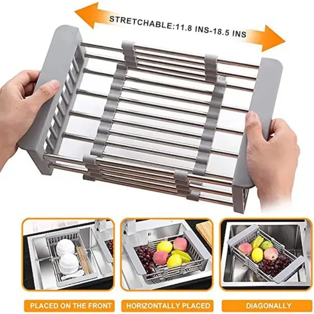 Escurridor de platos ajustable, escurridor telescópico de acero inoxidable, organizador de cocina para frutas y verduras, desagüe para fregadero perfecto para la mayoría de los fregaderos
