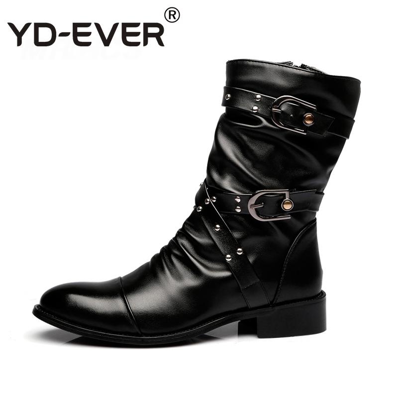 Botas de cuero con hebilla de cinturón para hombre, zapatos góticos con remaches de Metal, por debajo de la rodilla, para primavera y otoño, YD-EVER