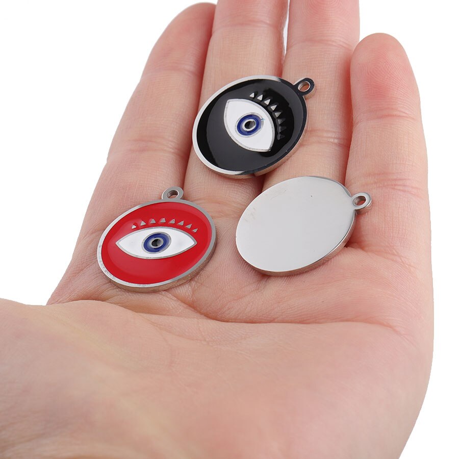Fnixtar Enamel Round Evil Eye Charm Mirror Polished Stainless Steel Turkey Eye Charms For Jewelry Making 10pcs/lot