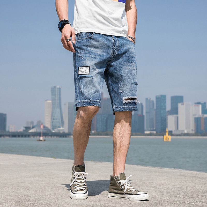 Herr blå jeansshorts hål korta jeans herr sommar knälånga jeansshorts raka lösa jeansshorts