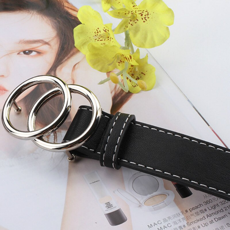 Women Gold Black Silver Big Double Ring Circle Buckle Belt Waistband Female Ladies Wide Leather Straps Belts for Jeans
