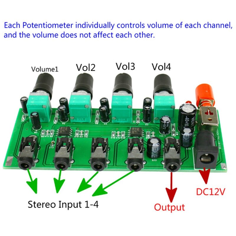 Stereo mixer ( (4 inputs, , 1 outputs) individually controlled board diy headphone amplifier case  dc12v