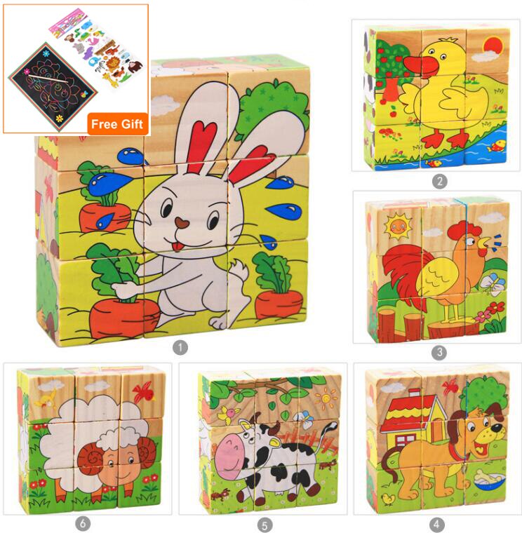 1pc Nine Blocks Six-sided 3D Jigsaw Cubes Puzzlesd Wooden Toys For Children Kids Educational Toys Funny Games GYH: Farm Animals 1TZ1GGH