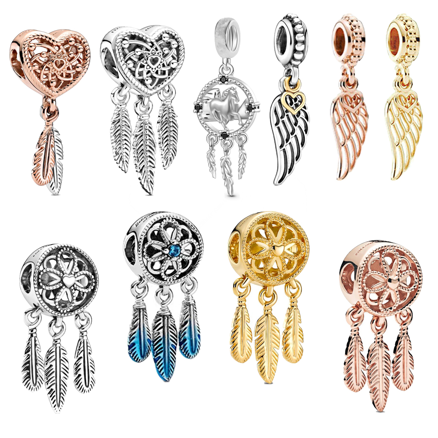 Klassiekers Opengewerkt Hart & Drie Veren Dreamcatcher Charm Bead Fit Originele 925 Sterling Zilveren Pan BrandBracelet Sieraden