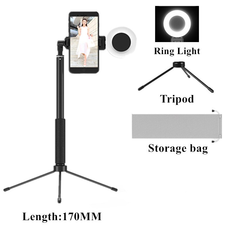 Selfie Stick LED Ring light Extendable live Tripod 1.7m Stand 4 in 1 With Monopod Phone Mount for iPhone X 8 Android smartphone: 1.7M Black Yes Light