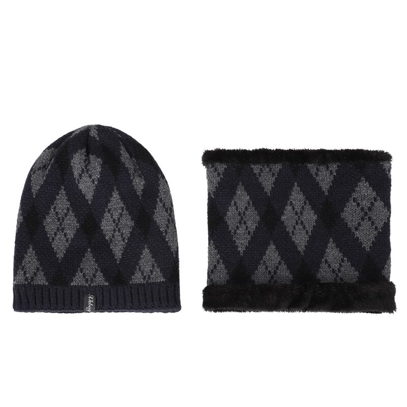 Winter Warm Pak Hoeden Sjaal 2 Stuk Fluwelen Katoenen Mannen Beanie Hat Unisex Ring Bib Skullcap Hedging Caps klassieke Plaid: Navy