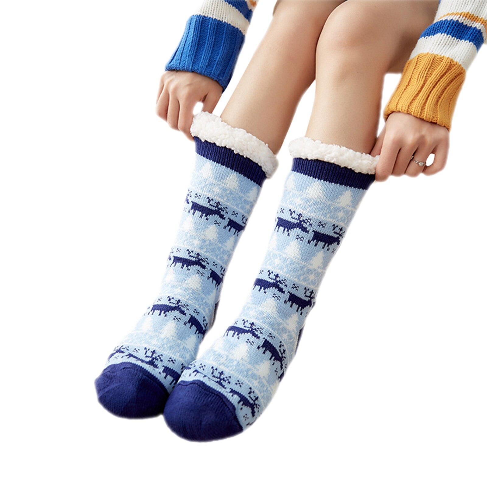 Inverno feminino floco de neve velo meias forro de malha meias grossas quente antiderrapante chinelo de natal hosiery: Céu Azul