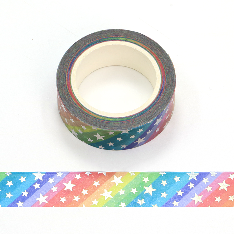1 unidad. Cinta Washi de estrellas arcoíris de lámina plateada decorativa de 10M para planificador, pegatinas adhesivas para álbum de recortes, cinta adhesiva, papelería Kawaii bonita