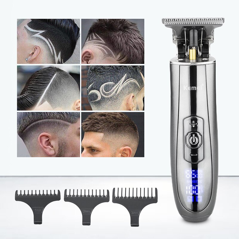 Kemei KM-129 Skeleton Cordless Hair Trimmer for Men LCD Display Haircut Tools Speed Control 0mm Skin Cut Fits Wahl T-Wide Blade