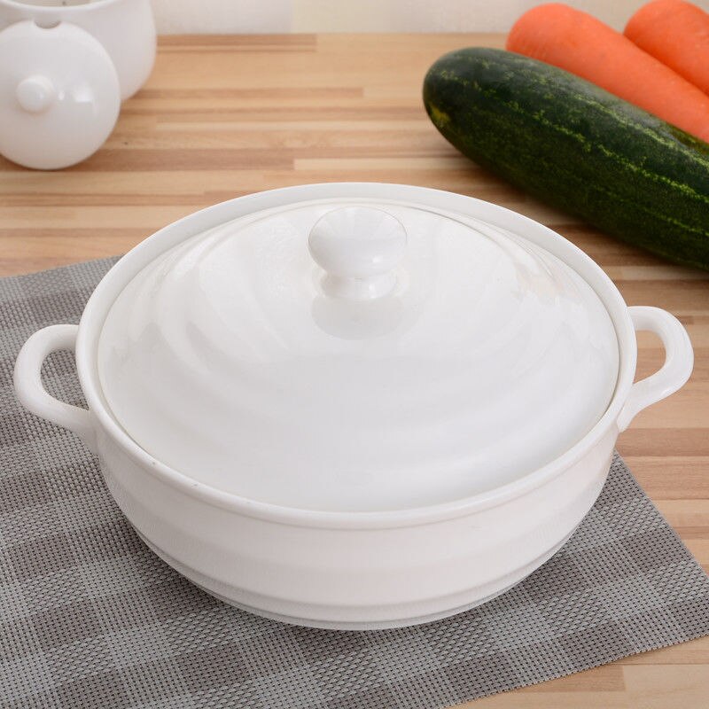 Tazón de sopa de cerámica de gran capacidad, olla de estofado Binaural para el hogar con tapa, Bol para arroz o sopa, tazón de sopa Phnom Penh, cuencos de servicio: 1.4L Pure white A