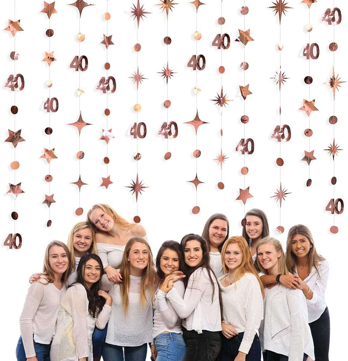 Rose Gold Number 40th Circle Dots Twinkle Star Garlands Hanging Banners for Forty Woman 40st Year Old Birthday Party Decorations